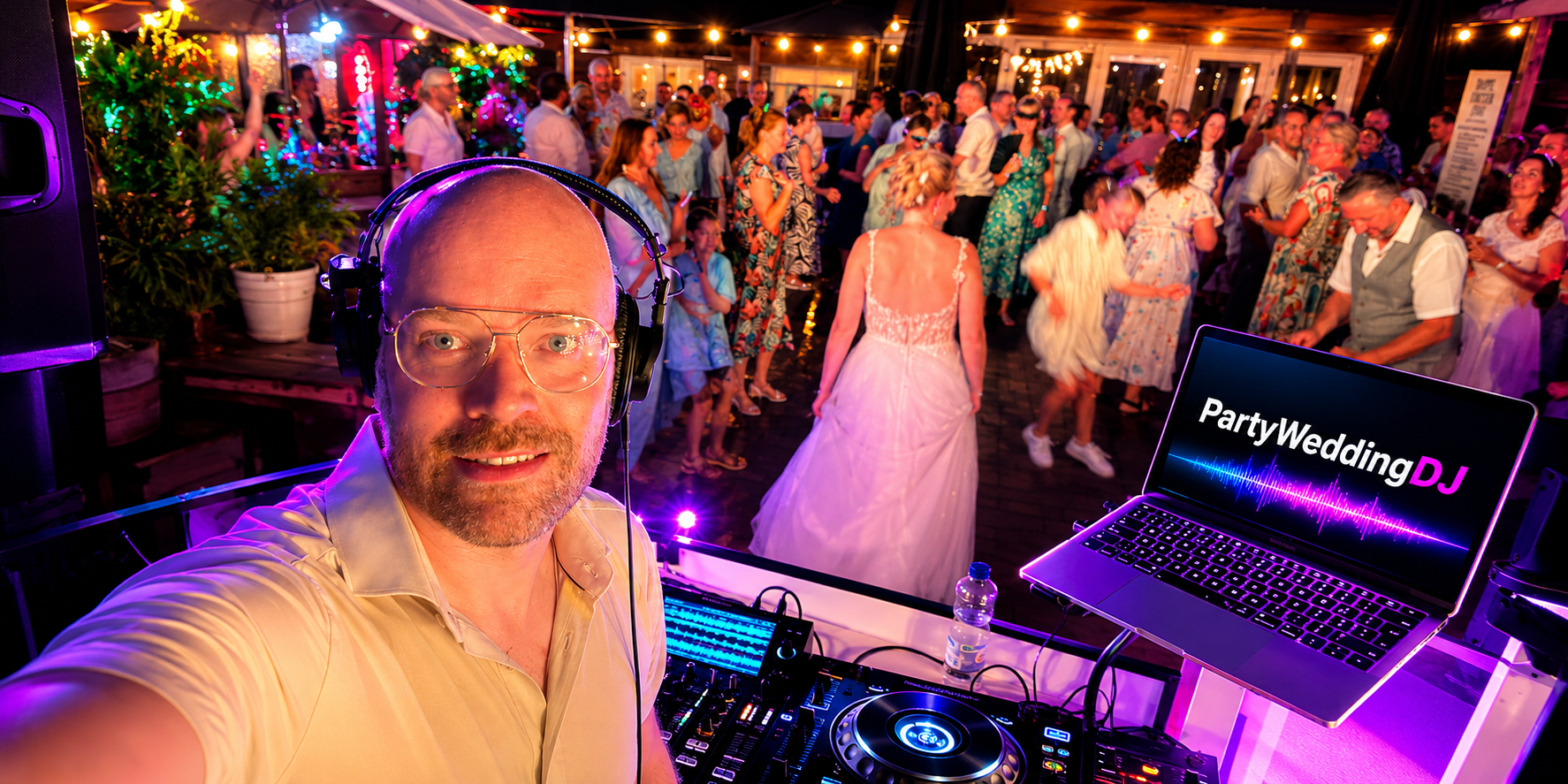 DJ draait op een bruiloft met volle dansvloer